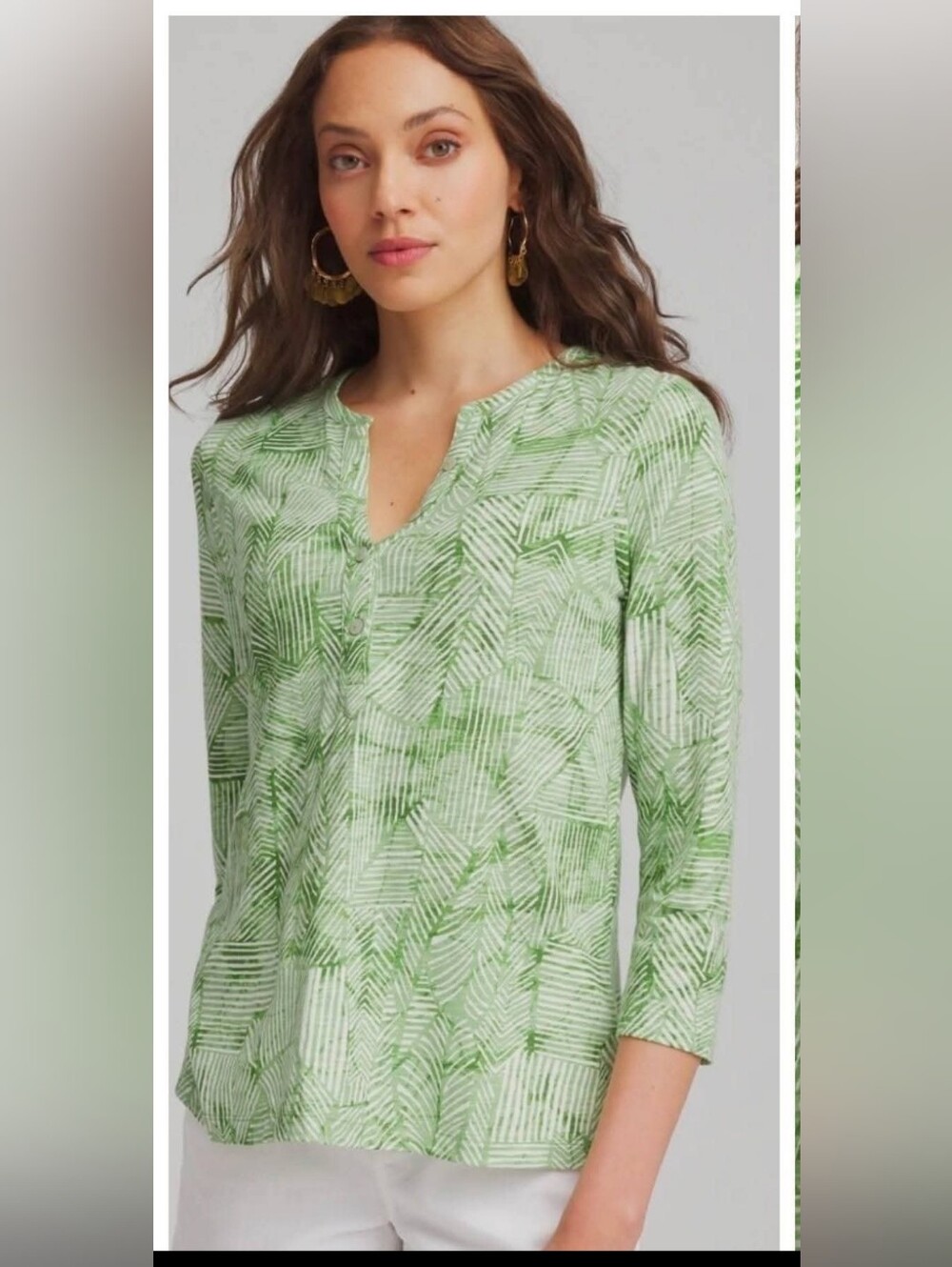 Chico's Palm-Frond-Motif Cotton Slub Henley Shirt